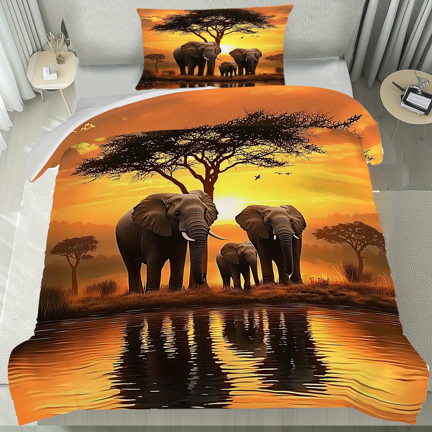 E-shop 2/3-teiliges Bettbezug-Set mit afrikanischen Savannen-Elefanten-Sonnenuntergangs-Spiegelungsmuster, Bettwäsche enthält einen Bettbezug zwei
