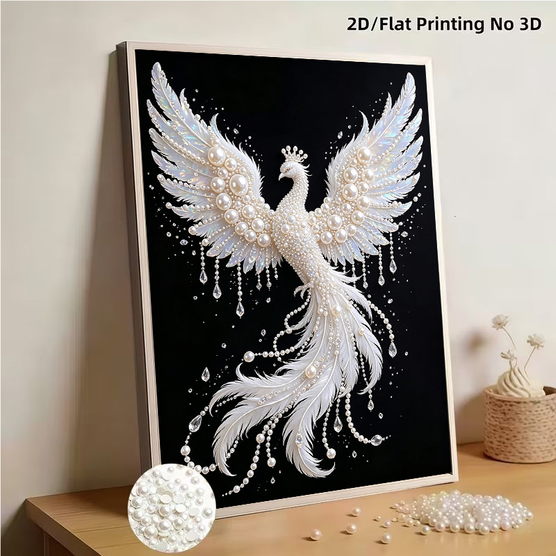 TEMU 1pc Frameless Pearl Drill Painting Kit, Elegant And Mysterious White Phoenix Design, Size 11.8 X 15.7 Inches. A Fun And Project, Suitable For