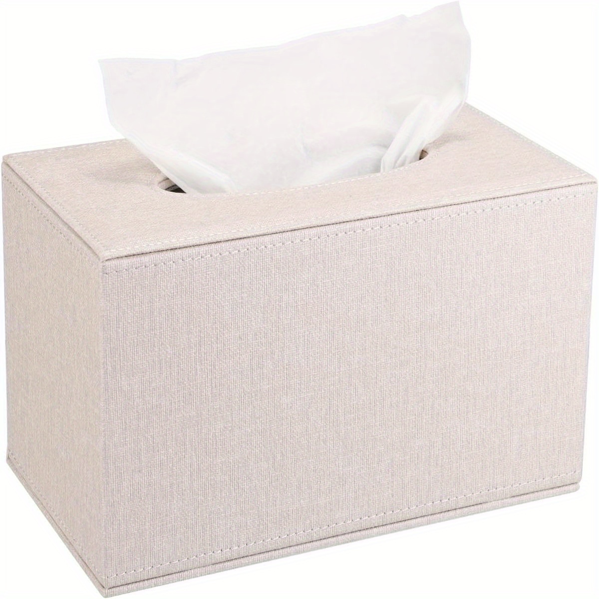  large rectangular tissue box cover with magnetic closure - beige & mdf construction, decorative storage holder with rounded corners & sturdy frame for bathroom, living room, office, car - fits large /kitchen tissues, space-saving design, durable plastic frame & fabric,   decor for table, desk, vanity, dresser, or commercial use - secure magnetic bottom for   Product details 0