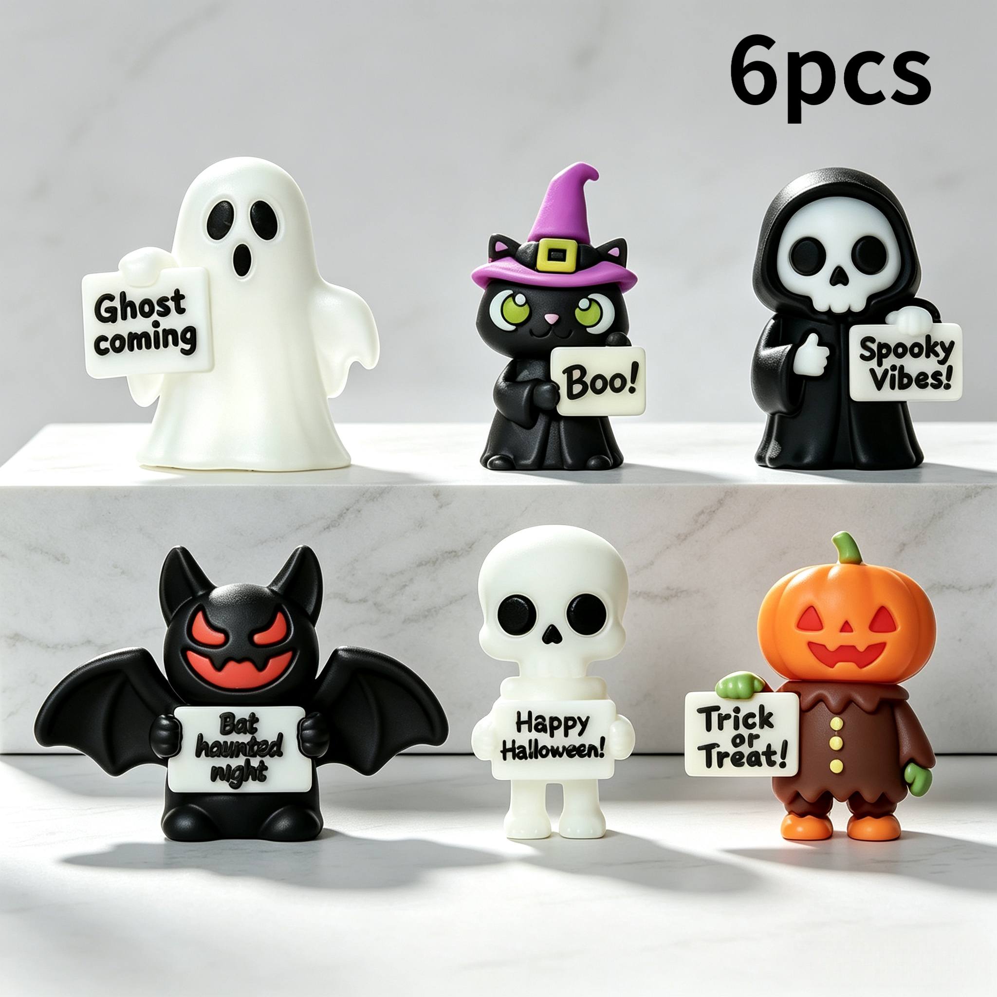 TEMU 2/4/6pcs Cute Cartoon, , And Pumpkin Figurine Set With Signboards, Collectible Halloween Decorations, Soft Ornaments, Small Size With Adorable