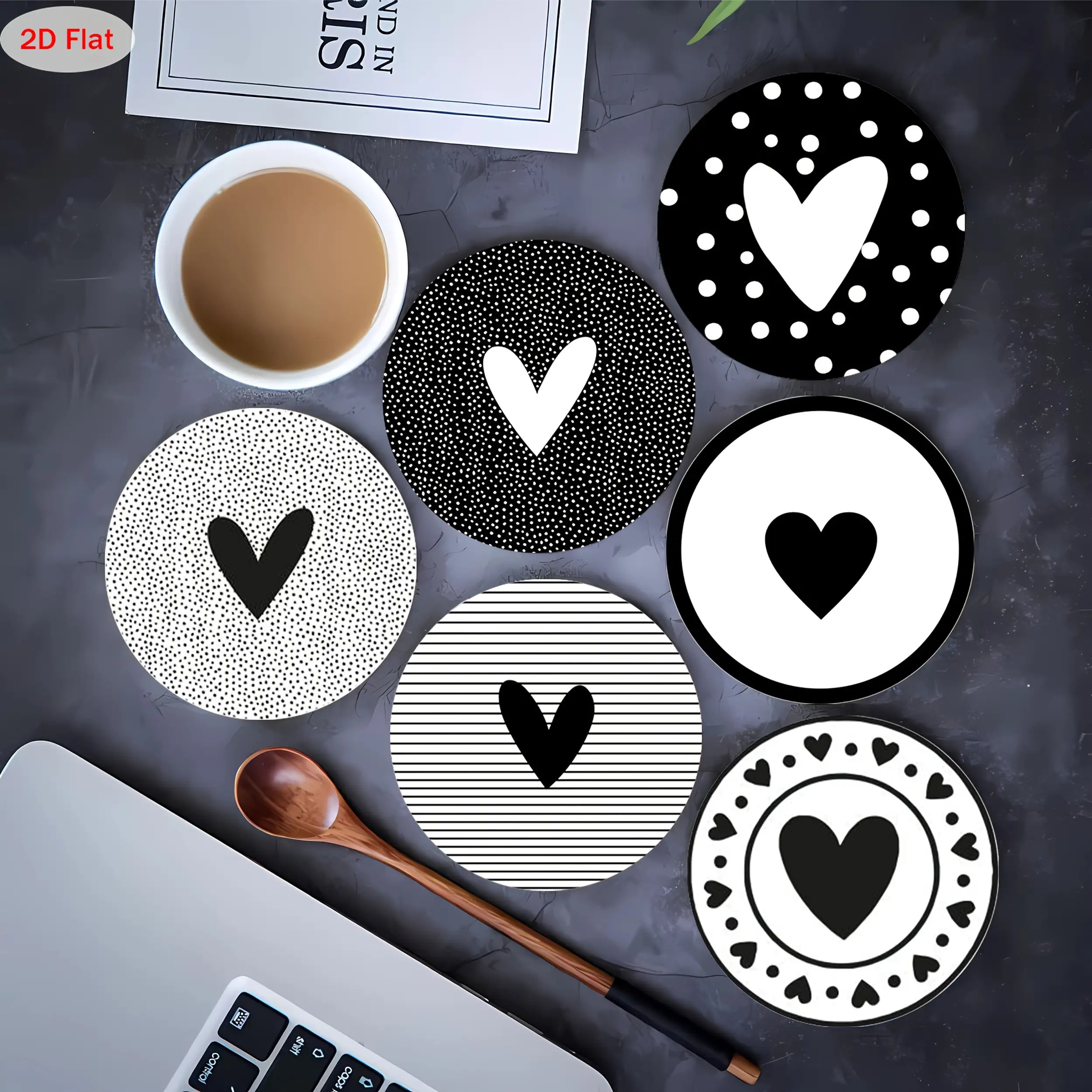 E-shop Set mit 6 herzförmigen Holzuntersetzern im 2D-Design, hitzebeständige Kaffeeunterteller, geeignet für Bars, Familienfeiern, Cafés und Büros –