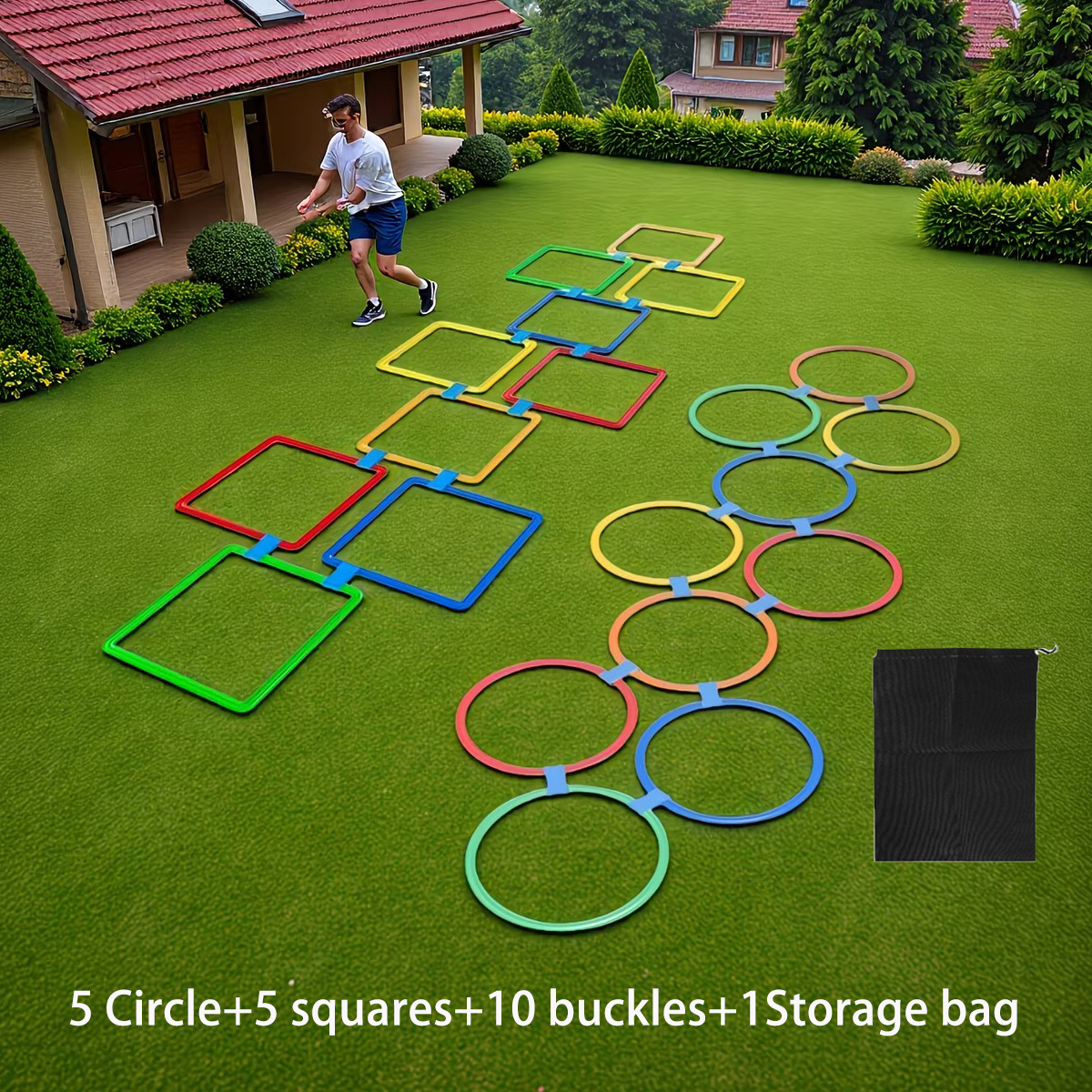 TEMU Random Assortment Bouncing Sensory Motor Skills Set, Includes A Storage Bag. 5 Hoops (38cm Each) + 5 Blocks (38cm Each) + 10 Fasteners + 1