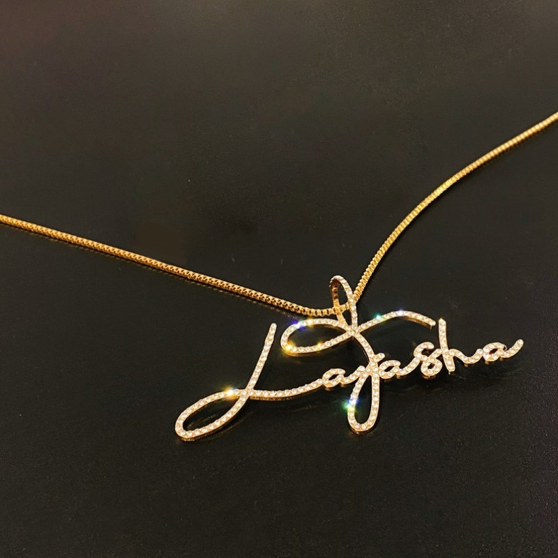TEMU Personalized Custom Name/text Rhinestone Necklace - Stainless Steel Cursive Font Pendant With Box Chain, Custom Lettering Gift For, Mothers, -
