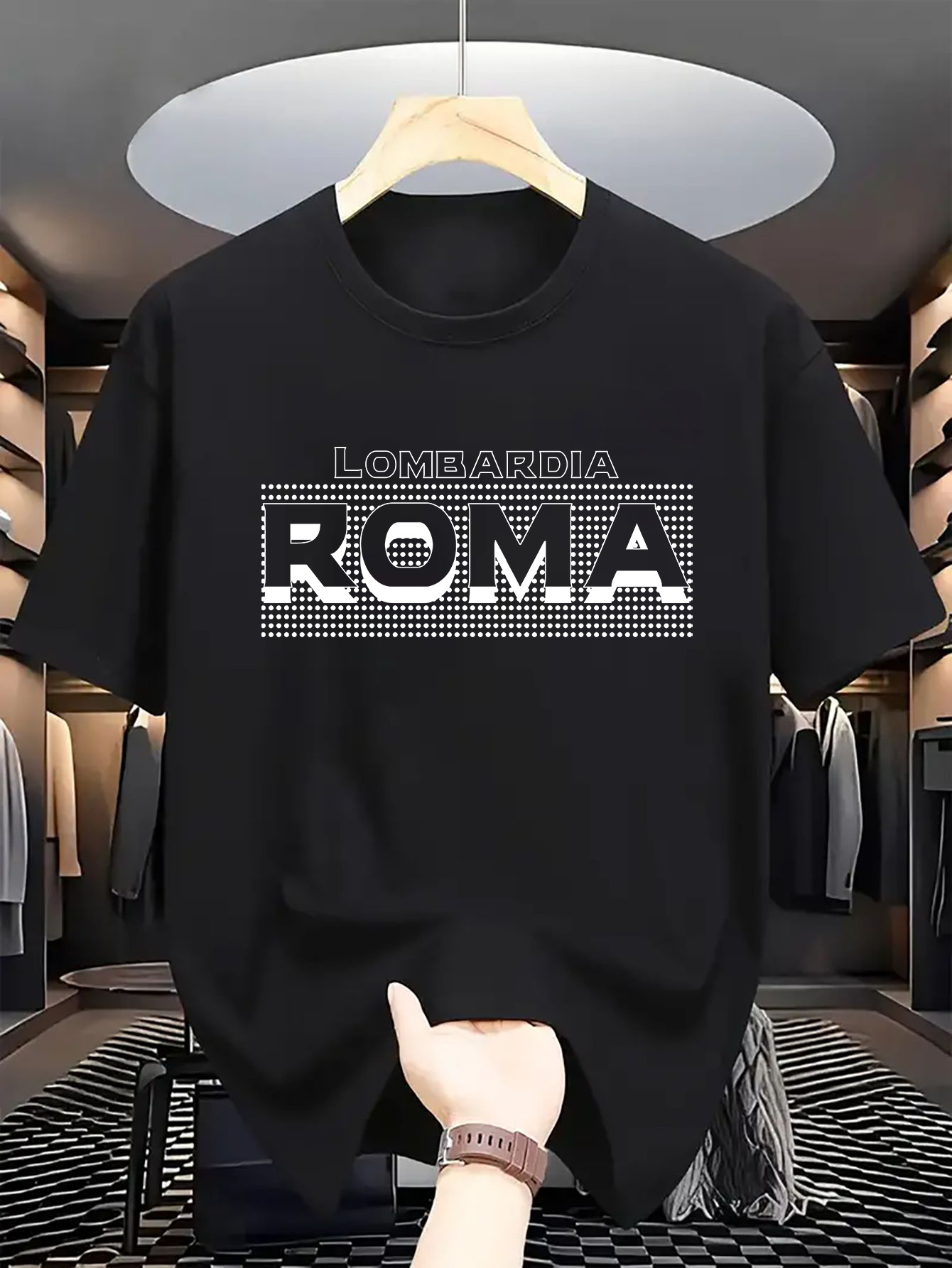 Camiseta casual para hombre con inspiración italiana - "Lomeredia Roma" estampado, poliéster cómodo, cuello redondo, ropa de verano, moda para adultos, ligera y transpirable, perfecta para ropa casual, camiseta de uso diario | Cuello redondo elegante | Tejido transpirable, camiseta
