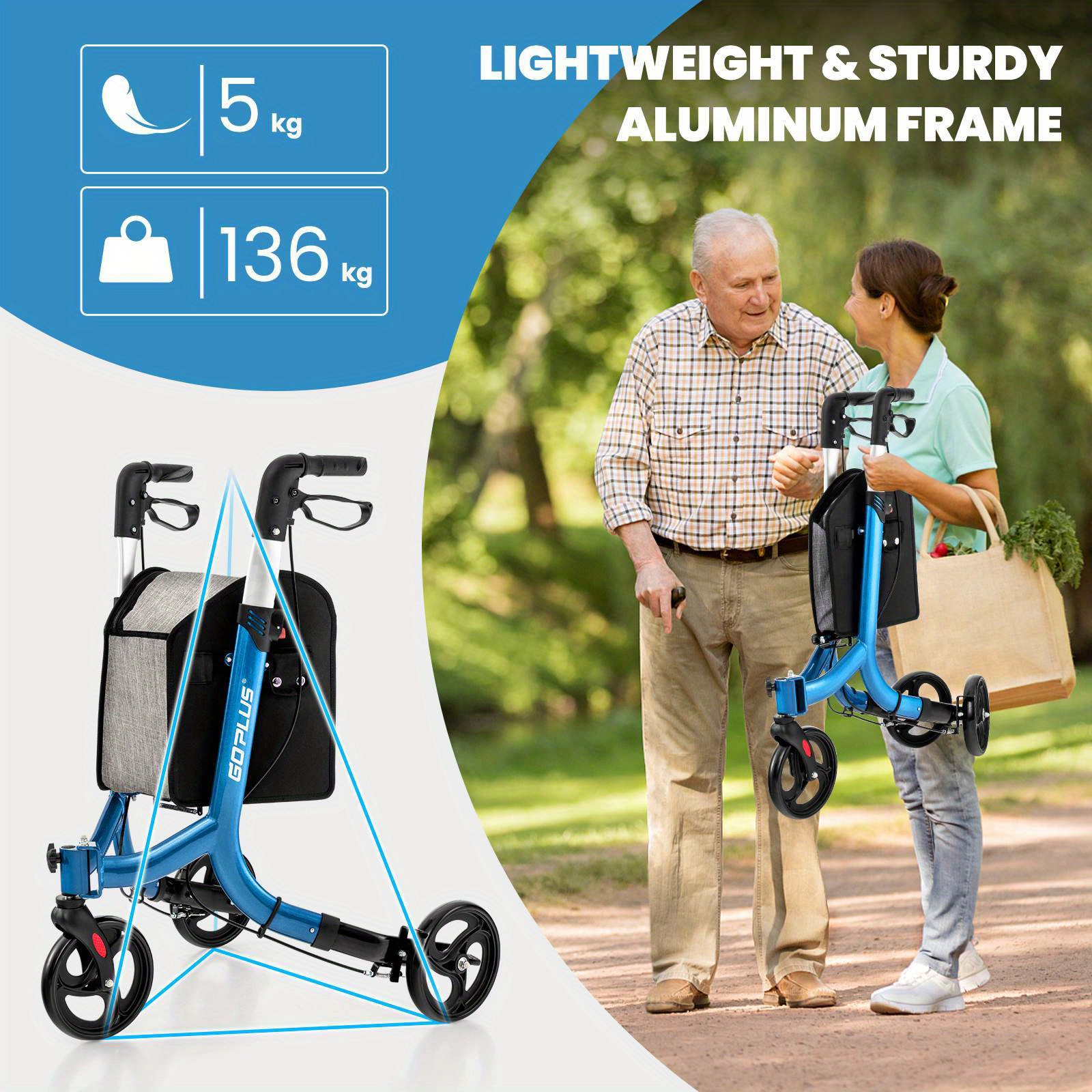 TANGKULA Heavy-Duty Foldable 3-Wheel Rollator Walker with Locking Brake System, 6-Level Adjustable Handle, Lightweight Aluminum Frame & Large Wheels - Portable Rolling Walker with Zippered Storage Bag for,, Home, Nursing Homes - Supports 300 lbs (136kg) - Blue, Foldable Walker for Seniors, Walker with Wheels And Seat, Walker for Seniors with Wheels, Mobility Walker for Plus Size Seniors, Seated Walker Plus Size - Image 8