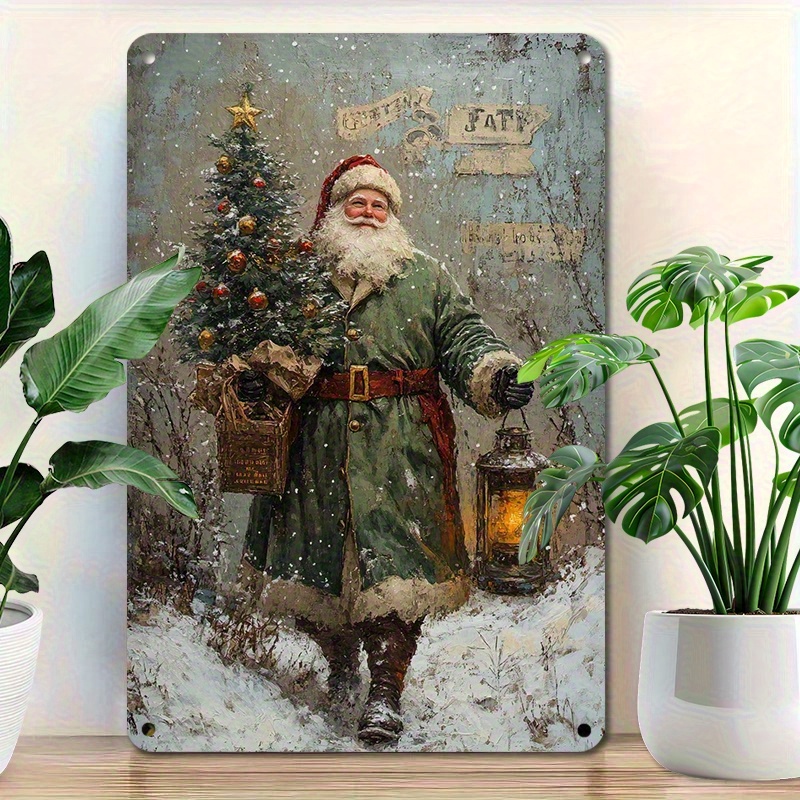 TEMU Panneau Métal Père Noël Vintage 2D Plat, 1pc - Décoration Murale Noël Rétro, Plaque Métal Rustique 20X30 Cm avec Trous Pré-Perçés, Pas