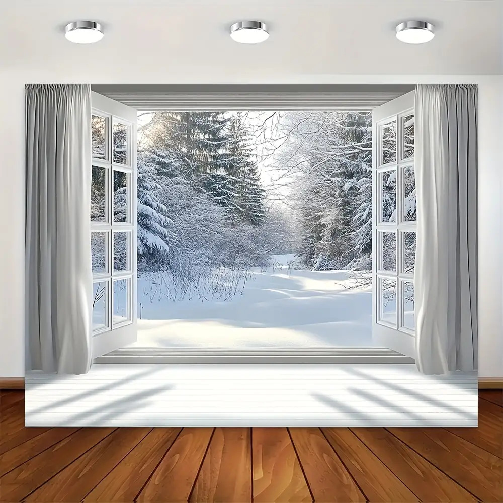 Christmas Backdrop, Snowflake Forest Scene with Window View
