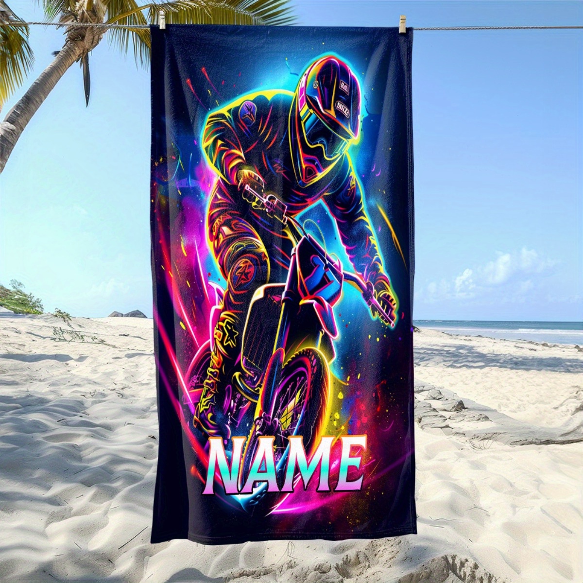 TEMU 1pc Motocross Rider Custom Name Beach Towel - Soft, Ultra-absorbent Microfiber, Lightweight, Beach, Parties, Travel, Camping - 55x27in/63x31in,