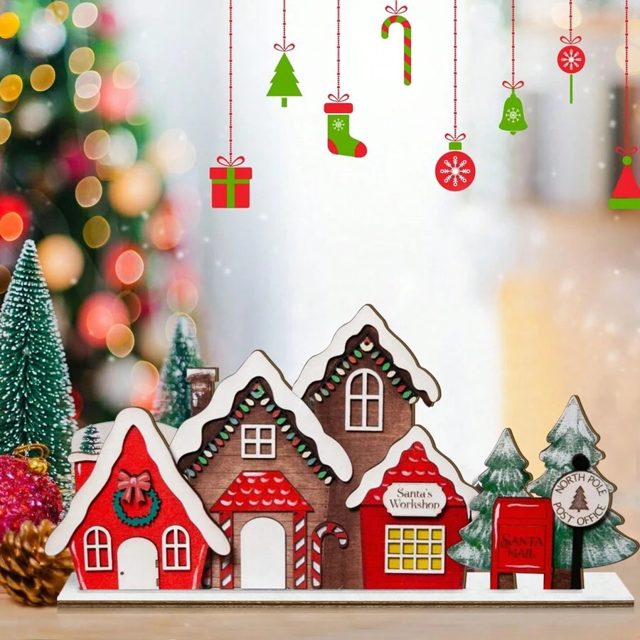 TEMU 1pc Wooden Christmas House Decoration | Santa Claus Store, Market, Bar, Christmas Office | Tabletop Display, 2d Craft Effect, Manufactured