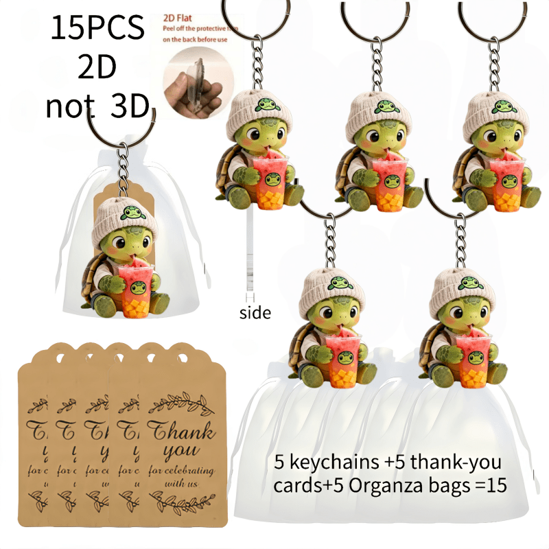 TEMU 2D-flaches, 15-teiliges Schlüsselanhänger-Set mit niedlichem Schildkröten-Saft-Trink-Muster, enthält 5 Acryl-Schlüsselanhänger im 2D-Design + 5
