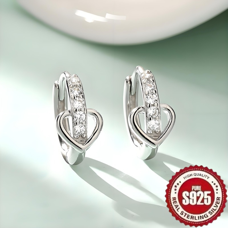 

1 Pair Of S925 Sterling , Retro, Delicate Trend, Light Luxury, Elegant, Sweet, Shiny, , Inlaid With Synthetic Zirconia, Heart, Heart, Love, Hollow, Geometric, High-end, , Temperament, , Girl's Heart