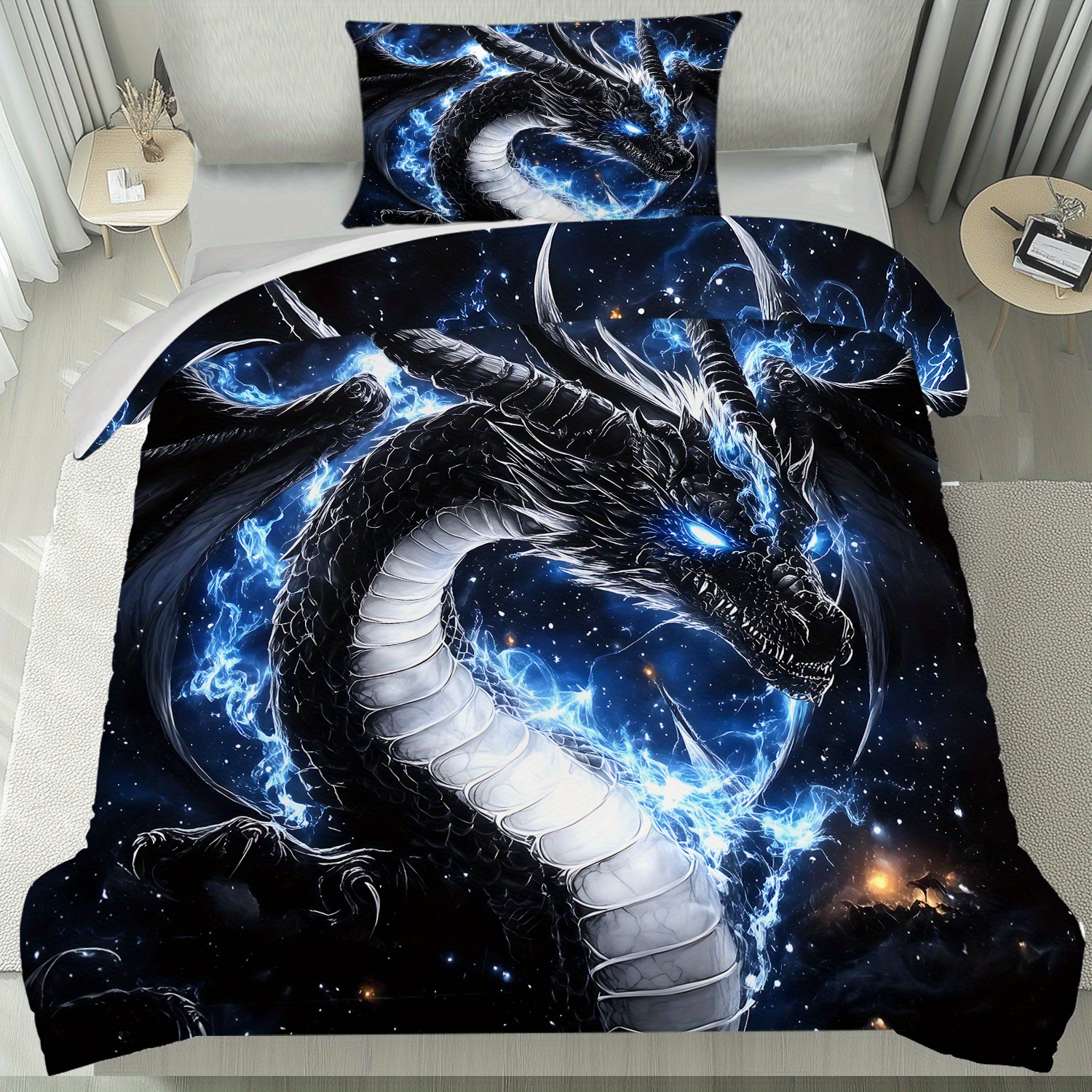 E-shop Latacaca 2/3-teiliges Bettbezug-Set mit schwarzem Drachen, kosmischem gemütlichem Thema, Bettwäsche enthält einen Bettbezug zwei Kissenbezüge,