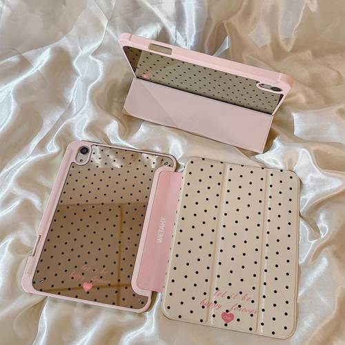 tablet protective case polka dot heart text acrylic transparent back panel air for ipad 3 fold stand with pen slot protective cover compatible with ipad 10th 9th 8th 7th gen air all series pro 11 10 9 inch