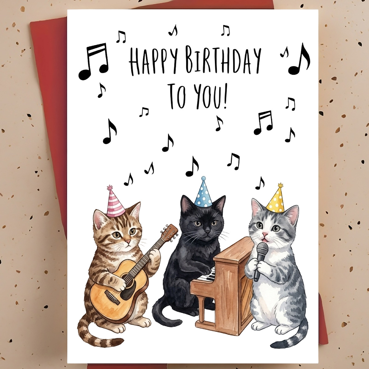 TEMU 1pc Cute Birthday Greeting Card For Cat Lovers – Musical Party Cats Watercolor Hand-drawn Illustration, Whimsical , With Envelope
