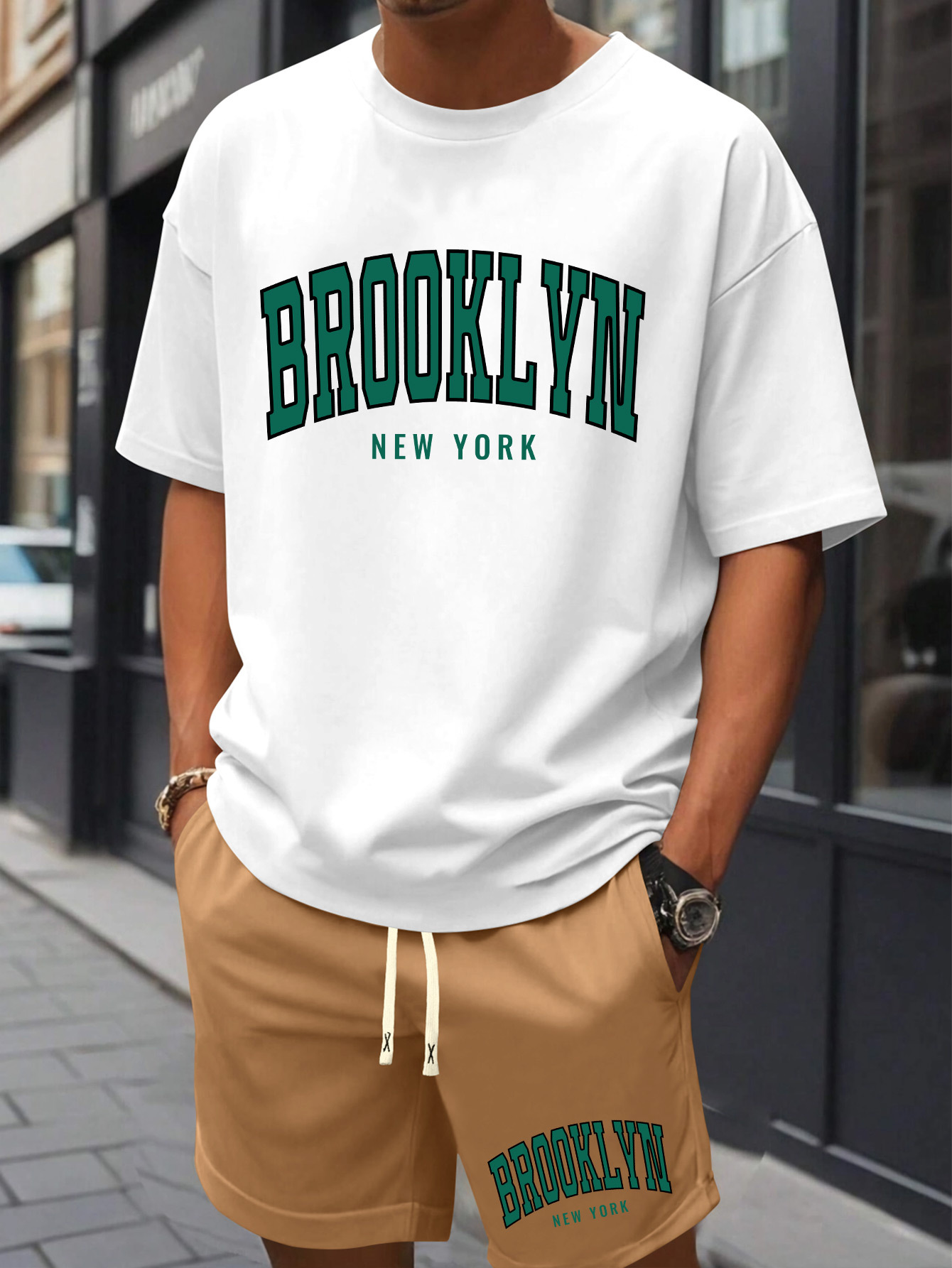 Men'S Brooklyn New York Print Cotton T-Shirt & Shorts Set - Casual Crew Neck, Short Sleeve, Loose Fit, Summer Outfit with Pockets, White with Green Lettering, Beachwear Clothing|Relaxed Fit Shorts|Pocketed Tshir