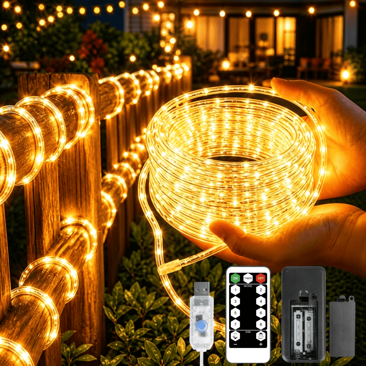 TEMU Usb Powered Tube Rope Lights, Led String Lights, Fairy Lights, 200/100/50led, Garden Decoration Fairy Lights, Aaa Remote Control With 8 Lighting