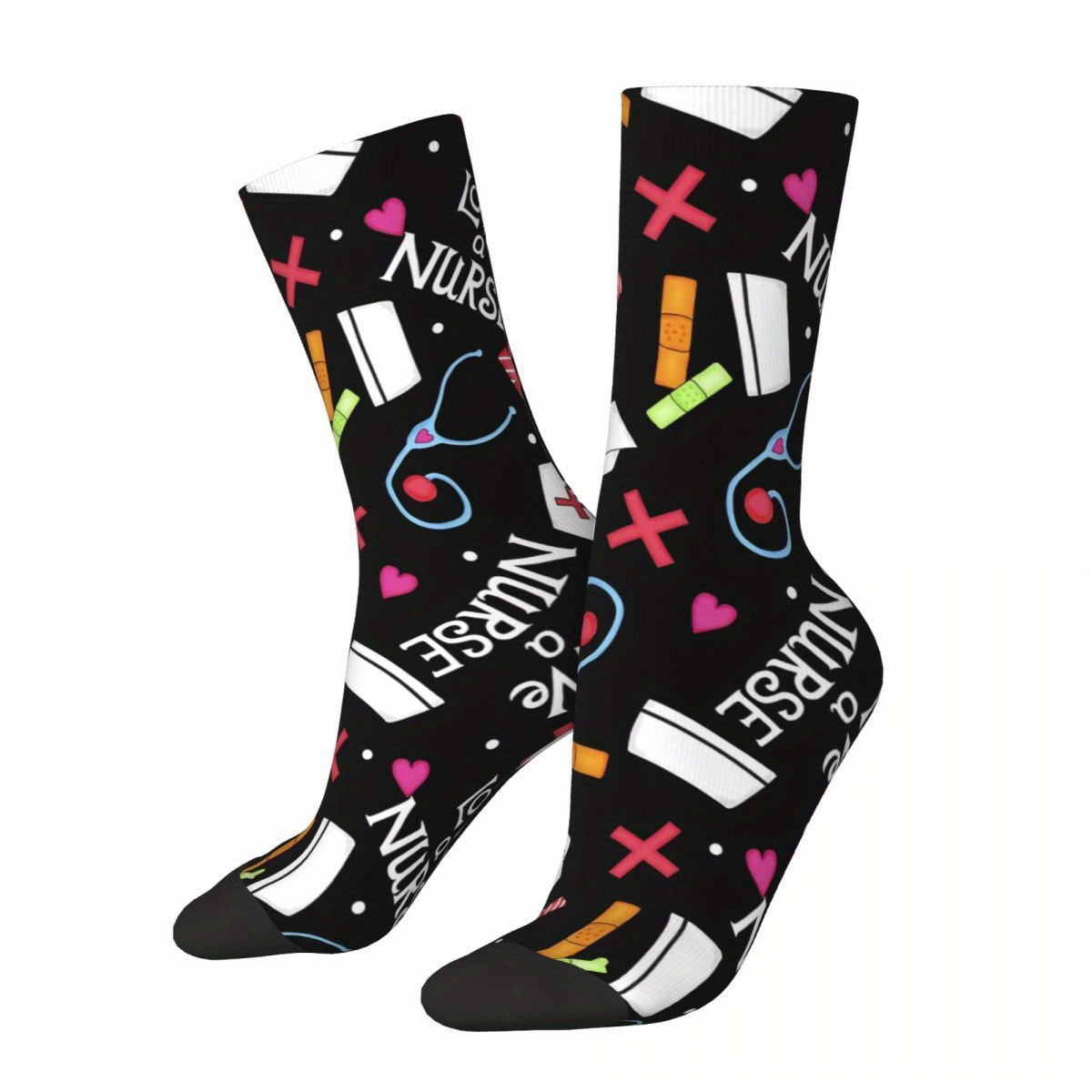 

1 Pair Unisex Novelty Crew Socks, Nurse Theme Random Print, Knit Polyester & Spandex , Machine Washable, Hip-hop Fashion - Funny Medical Pattern Socks For Men And Women