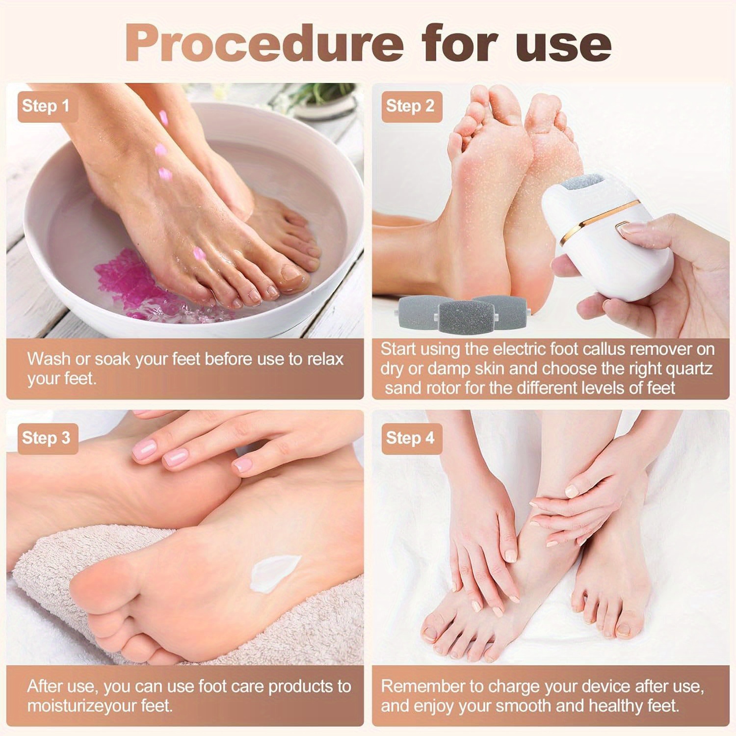2025 New Foot Grinding, USB Rechargeable Metal Foot Grinding (Three Grinding Heads), Portable and Easy to Use, Light Beige Care, Suitable Cracked and Dry Light Beige, Fashion Pedicure Tools