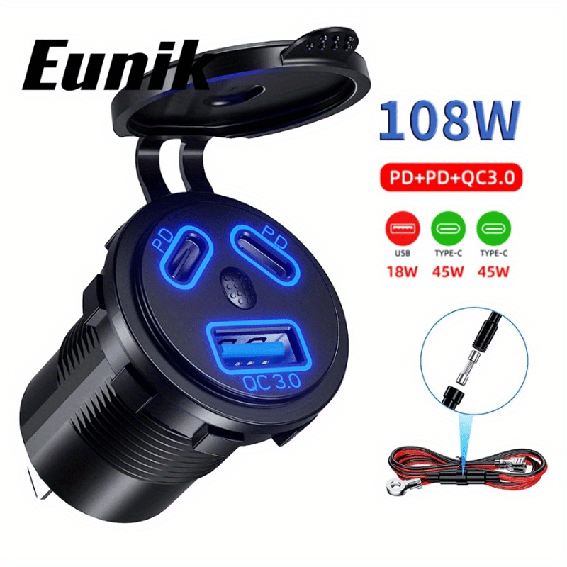 108w 12v Usb Outlet Qc 3.0 Usb Charger Socket Dual Pd Type-c Port Usb Car Plug Socket With On/ Off Switch Charge