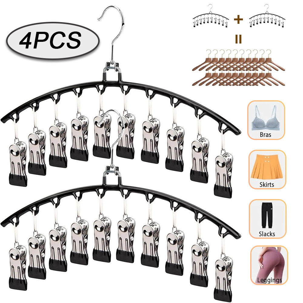 Image of 4-pack Stainless Steel Trousers Hangers With 10 Clips, Space-saving Hook For Skirts, Scarves, Jeans