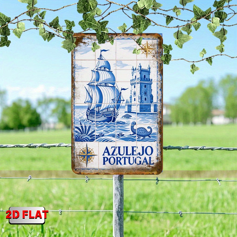 TEMU 2d Flat 1pc "portuguese Ship Tile Art Blue Ocean" "retro Iron Sign, Metal Logo" (8in*12in, 20*30cm) Waterproof Wall Art For Kitchen Bar Cafe &