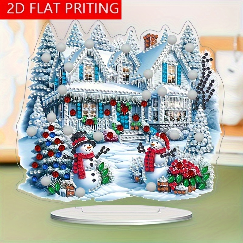 TEMU 2d Flat Printing, Acrylic Polyoxymethylene No, Cartoon Snowman And Holiday House Scene, Mosaic Art Crafts With Desktop Display, Suitable For