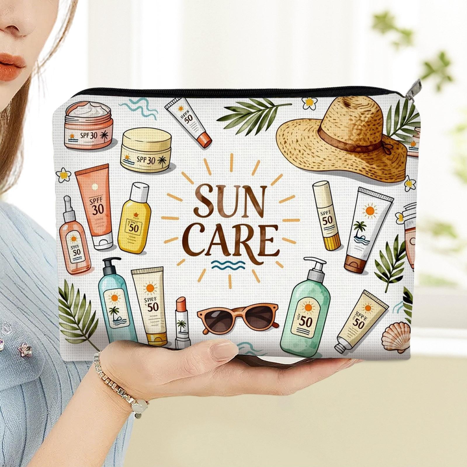 1pc double sided cosmetic bag size 5 9in 8 66in made of polyester for   products storage beach summer use colorful for sun themed design ideal for organizing items hats glasses