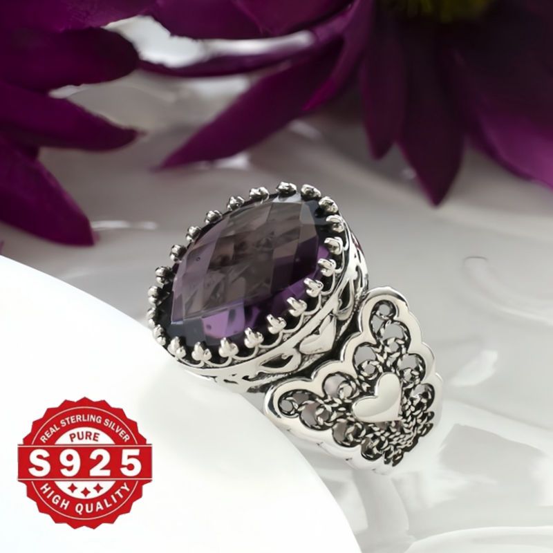 handcrafted 925 sterling silvery cocktail ring with amethyst gemstone vintage boho   for weddings parties details 1