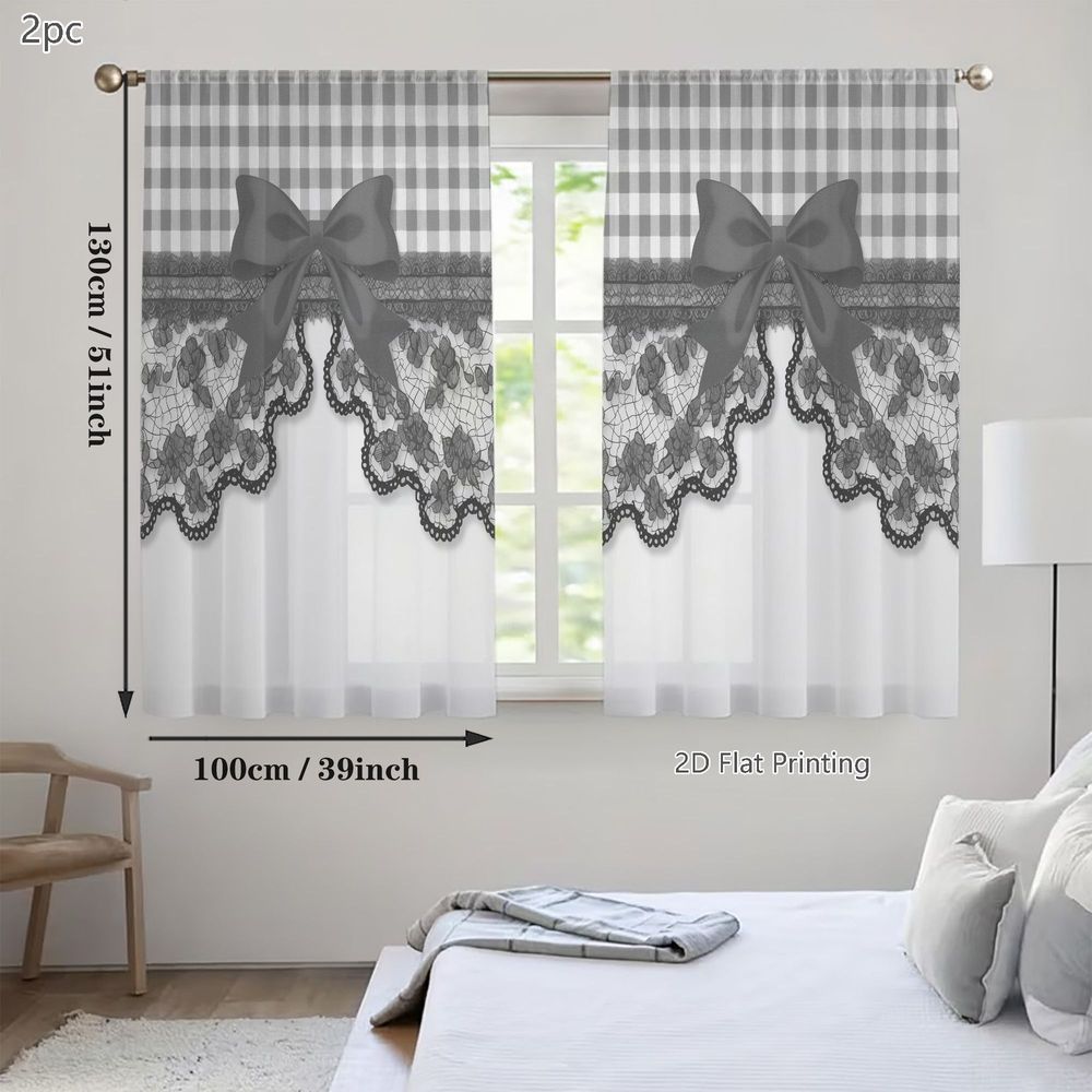 TEMU 2d Flat, 2pcs Spring Summer Small Sheer Curtains, Black And White Gingham Print With Glossy Satin Bow And Floral Lace Trim, Perfect For Living