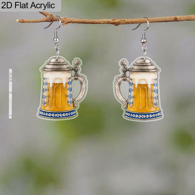 TEMU 2d Flat Design, 3 Pairs Women's German Munich Oktoberfest Beer Cup Acrylic Earrings - Retro Y2k Style, Suitable For Oktoberfest Parties, Jewelry