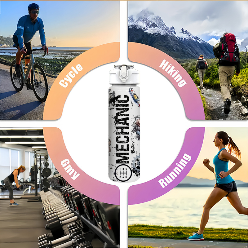 1 bouteille d'eau sur le thème de la mécanique avec motif d'outils - 750 ml/26 oz, couvercle à levier étanche, plastique durable pour salle de sport, sport, voyage, yoga, course à pied - Construction robuste pour la maison et l'extérieur