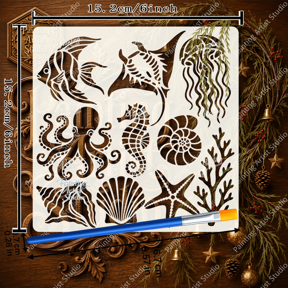 TEMU Collection de pochoirs sur marine - Poisson-ange, requin-, , , , Saint-Jacques, de mer, tentacules de , et algues - pour la peinture, murales