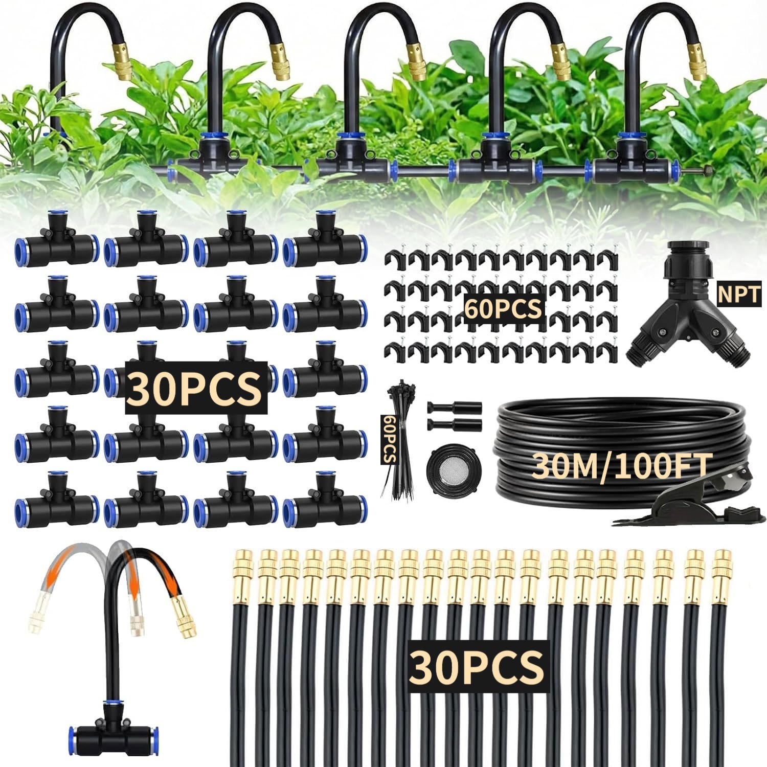Image of 100ft 1/4-inch Drip Irrigation Kit With 30 Adjustable Nozzles, An Automatic Mist Sprinkler System For Gardens, Raised Garden Beds, Lawns, Greenhouses, And Yards