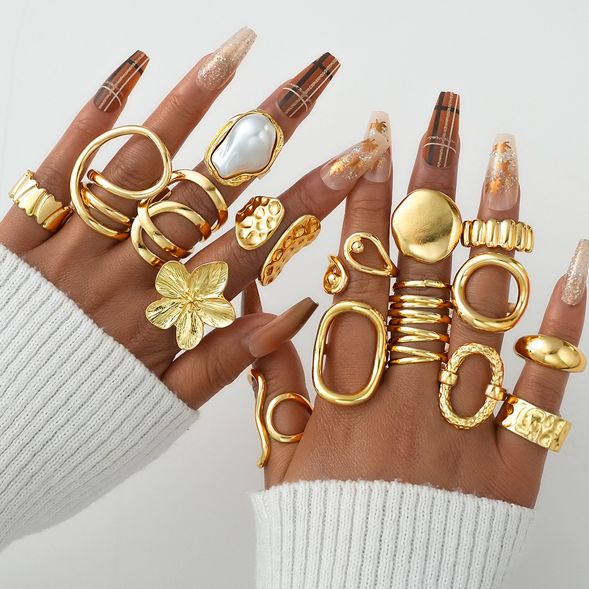 TEMU 16pcs Women's Ring Set Vintage Fashion Trend Elegant Exaggerated Minimalist Old Money Luxury Ring Set Irregular Faux Exaggerated Geometric Lines
