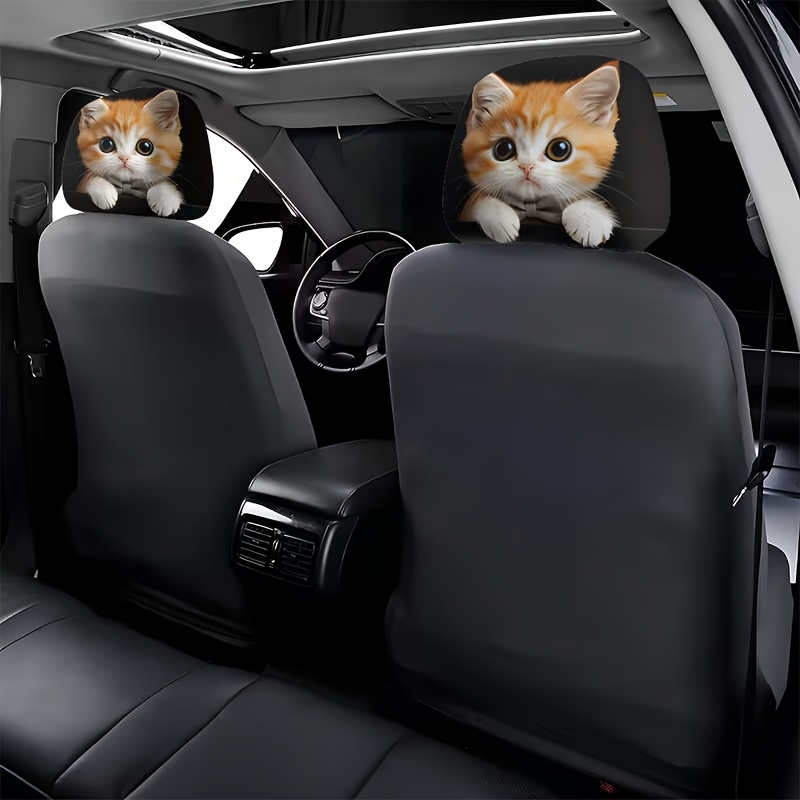 TEMU 超人気 かわいい猫 車用ヘッドレストカバー 2点セット、車内アクセサリー、ソフトで快適、伸縮性デザイン、取り付け・取り外し簡単、フィット感抜群、簡単取り付け、幅広い車種に対応、自由に取り外し可能