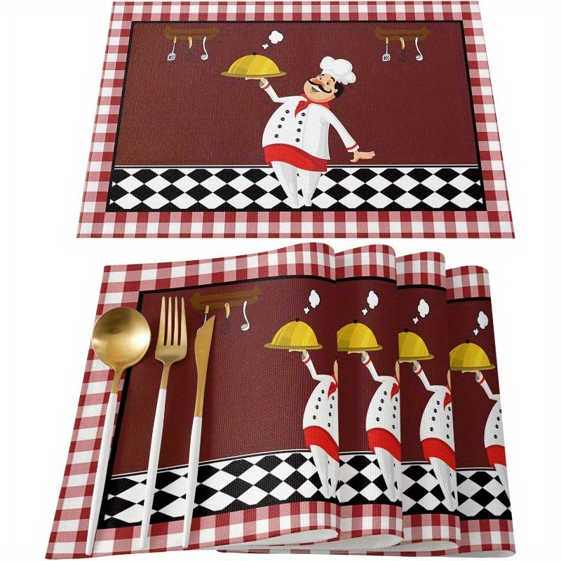 TEMU A Kitchen Chef With Gourmet Placemats 4pcs Set, Red Funny Placemats, Suitable For Dining Table, Farmhouse Placemats, Kitchen Table Placemats,
