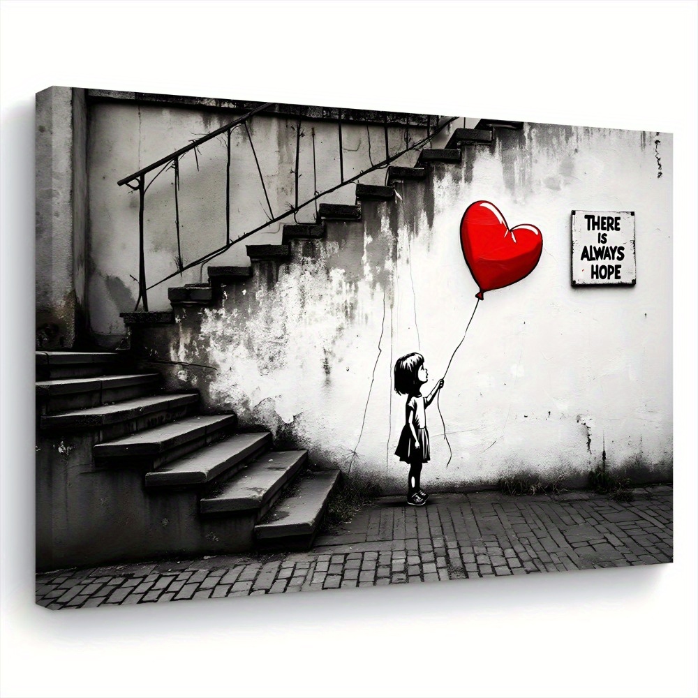 TEMU 2d Flat, 1pc Girl Holding Heart Balloon Canvas - Wooden Framed Suitable For, Room Decor, , Weddings, - Wrap-around Frame With Heart Balloon For
