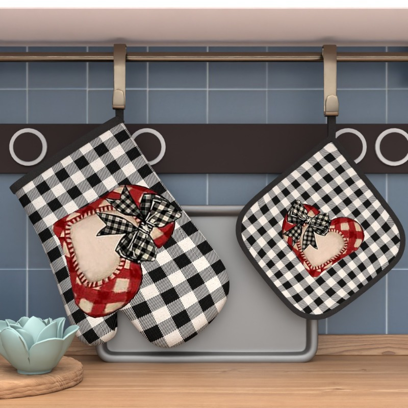 

2pcs Valentine's Day Heart Bow Oven Mitts, Woven Polyester Pot Holders, Heat Resistant, Machine Washable, For Cooking, Baking, Kitchen Decor, Housewarming Gift