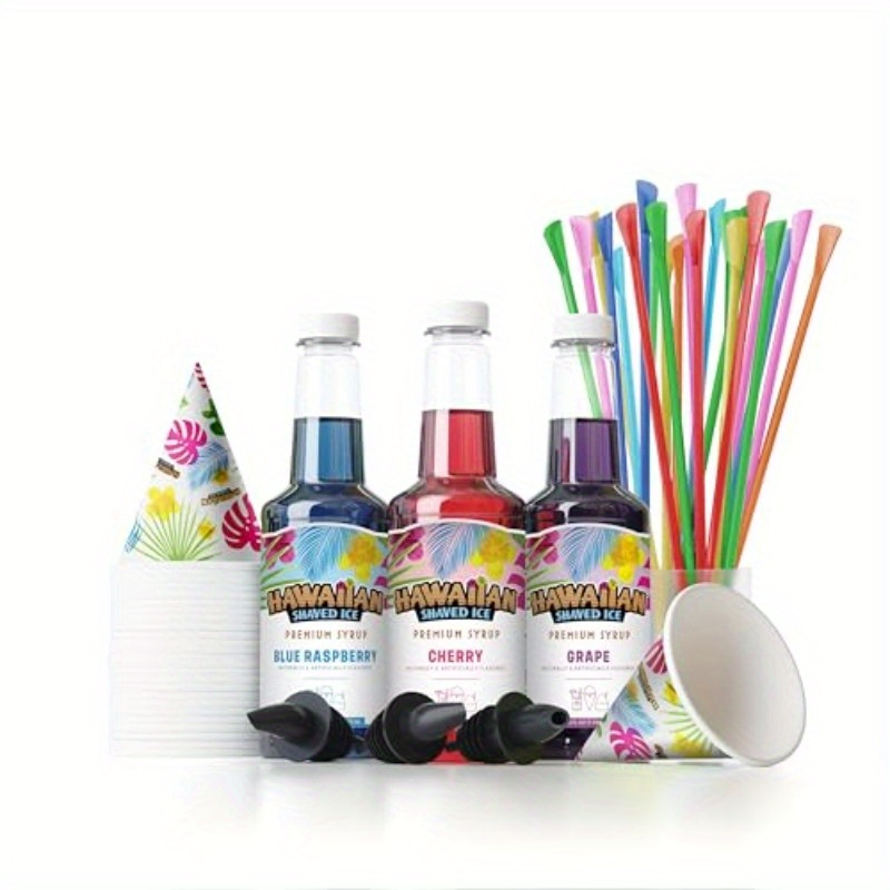 Syrup Assortment with 3 16oz Bottles 25 Snow Cone Cups 25 Spoon Straws and 3 Pouring Spouts. Flavors: Cherry Blue Raspberry and Grape. Allergyfriendly.