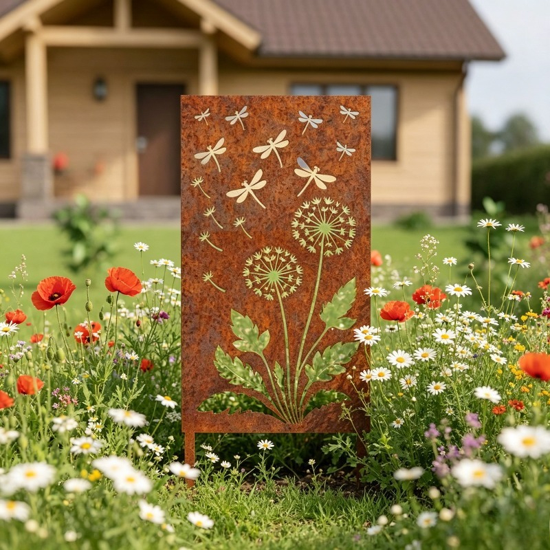 E-shop 【2D Flat】 [2D Flat] Ein natürlich rostender Metall-Eisenklee-Blume Metall Gartenwand, rustikale Stahl-Außentrennwand, modernes - und