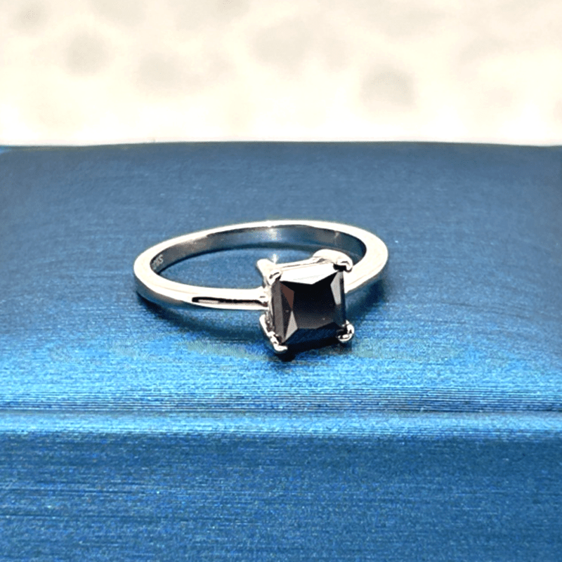 Women's Elegant Princess Cut Black Moissanite Ring in 925 Silver