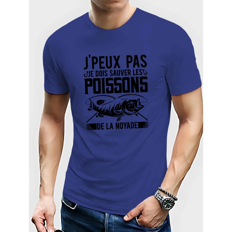 

T-shirt décontracté à col rond pour hommes, en polyester tricoté avec un léger stretch, motif de pêche géométrique, haut à manches courtes d'été pour adultes