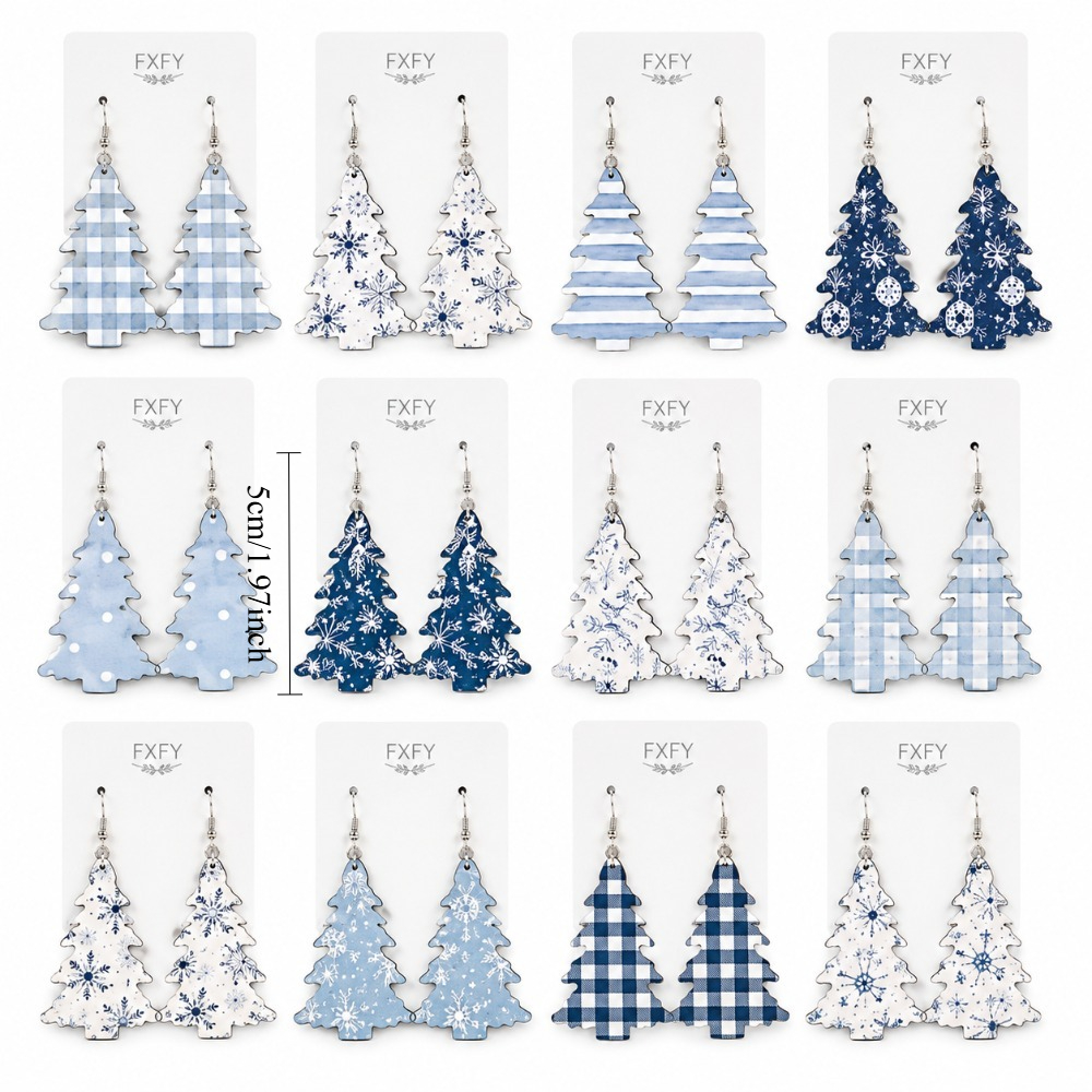 TEMU 24pcs/12 Pairs Women's Christmas Hanging Earring Set, Featuring Blue Plaid Striped Christmas Tree And Snowflake Designs, Elegant And Fashionable