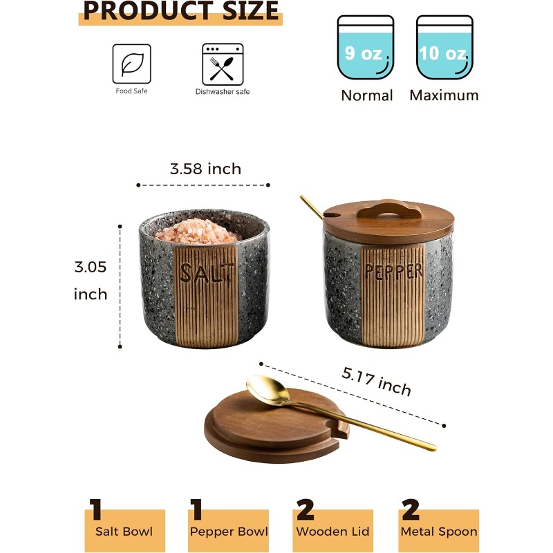 ceramic salt and pepper bowl set with marble like gray wood lid 10oz salt shaker container pepper grinder holder dishwasher rustic countertop organizer with spoons compatible with salt pepper cellar Product details 1