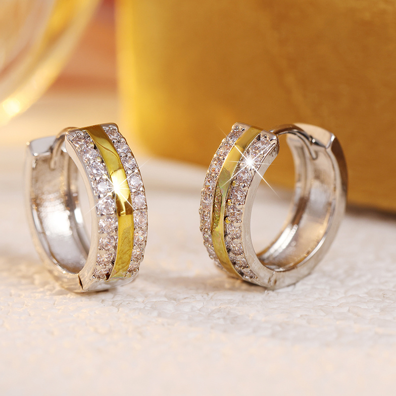 Huggie Women's Earrings with Double Color Paving Cube Design