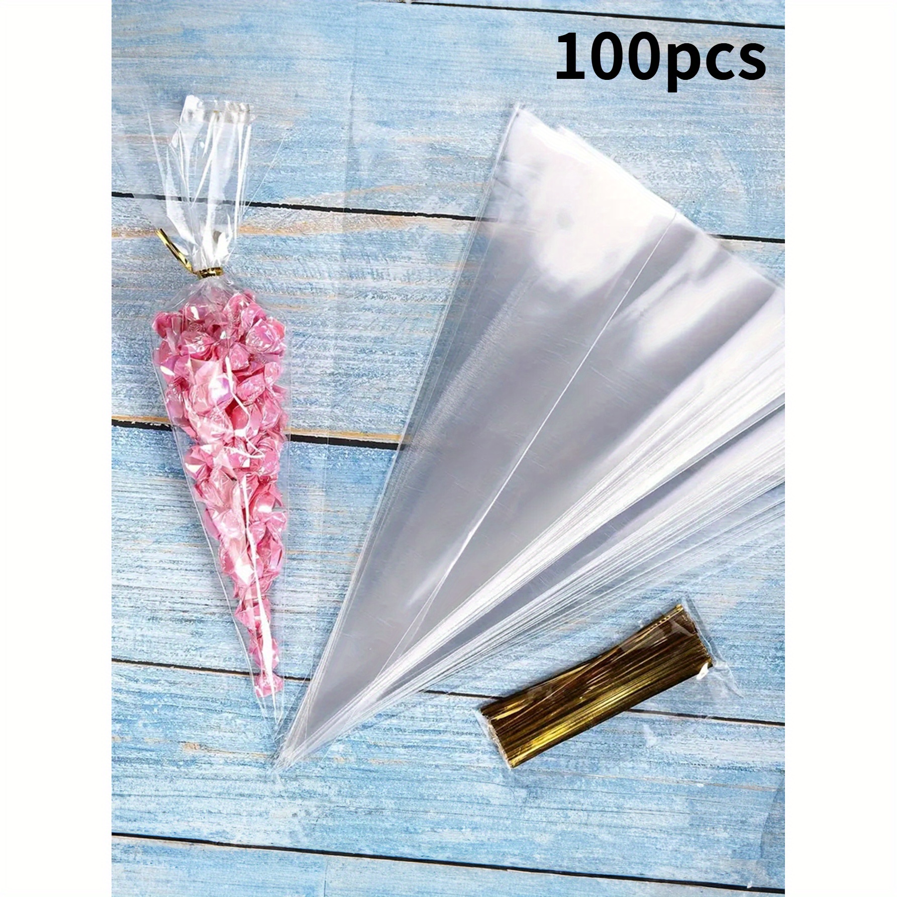 30 50 100 transparent cone gift bags with drawstring candy popcorn handmade biscuits dried candies crafts golden twist decoration bags suitable for parties weddings birthdays