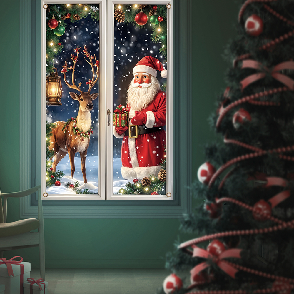 2D Plat, Zelfklevend Kerst Raamvlag met Santa & Rendier - Sneeuwvlokken Vlaggenslinger Met Hulstbessen En Twinkel-Effect, Duurzame Binnen/Buiten Feestdecoratie voor Deuren, Partijtjes en Huizen (Makkelijk Afpelbaar), 2D Flat, 1 Stuk