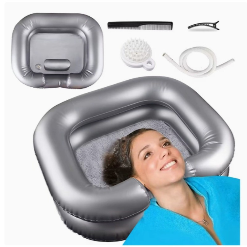1pc Grey Thickened Pvc Inflatable Hair Wash Basin For Bedridden, Portable Bedside Shampoo Tray With Drain Hose, 2 Hair Clips, 2 Combs - Basin