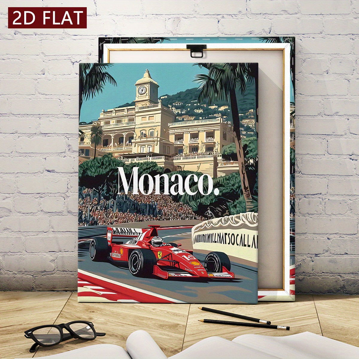 TEMU 2d Flat, 2d Flat, 1pc, Monaco Racing Wall Art Framed Canvas Print- And Odorless Suitable For Home, Office, Bar Decor, Pine Wood Frame Modern