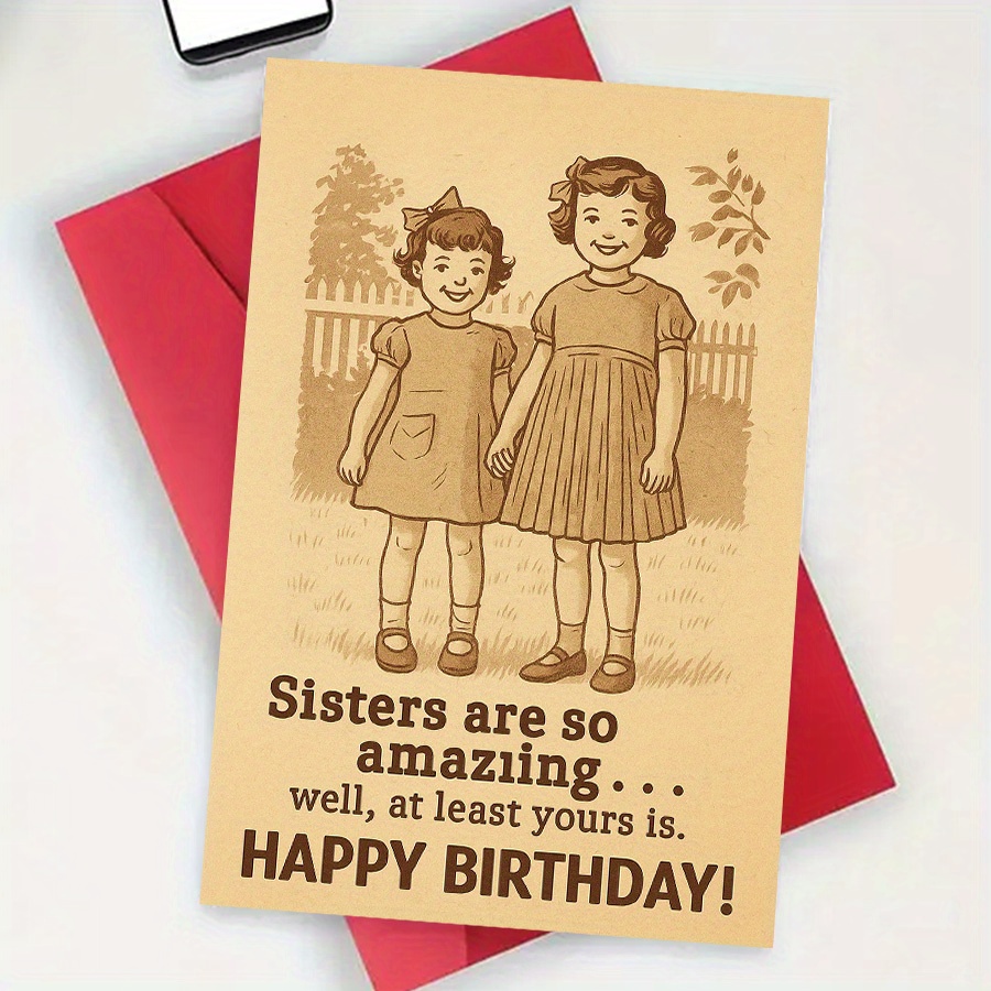 TEMU 1pcfunny Birthday Card For Sister From Brother Or Sister Vintage Style Humorous Gift For Her Birthday Celebrationenvelope Greeting Card